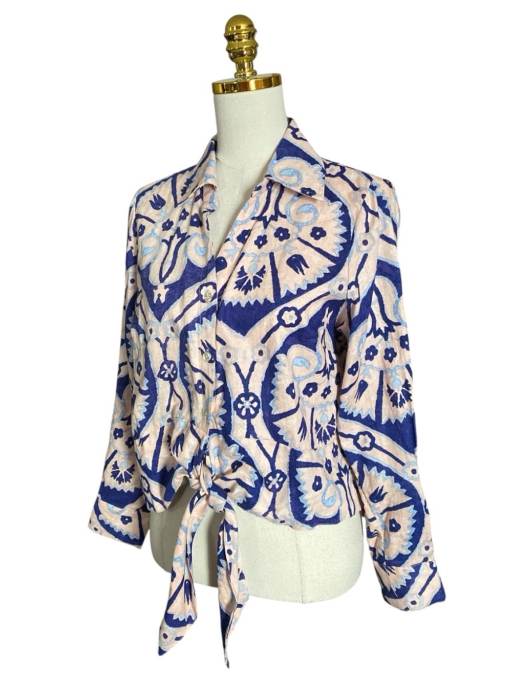 Christian Siriano Women’s Tie Front Linen Blend  Blue & Cream Print Top Sz Large - Picture 4 of 8